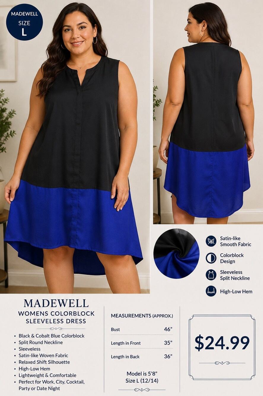 Madewell Women’s LG Black Cobalt Blue Colorblock Sleeveless Sheath Dress Modern
